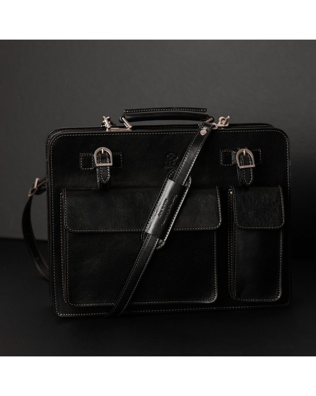 Time Resistance Black Leather Large Satchel Bag Briefcase for men