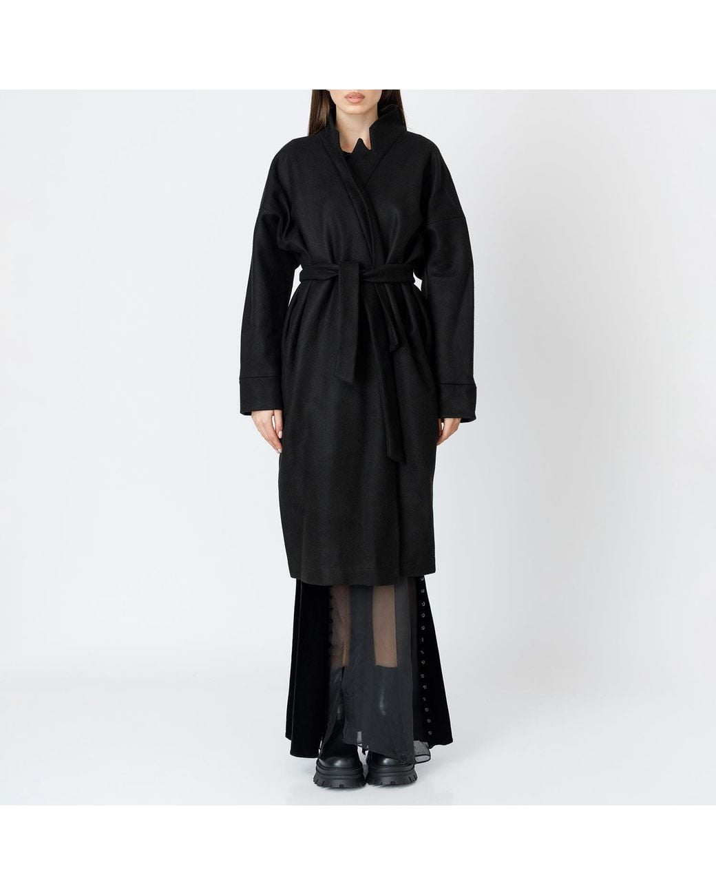 LIA ARAM Black Cloth Belted Coat