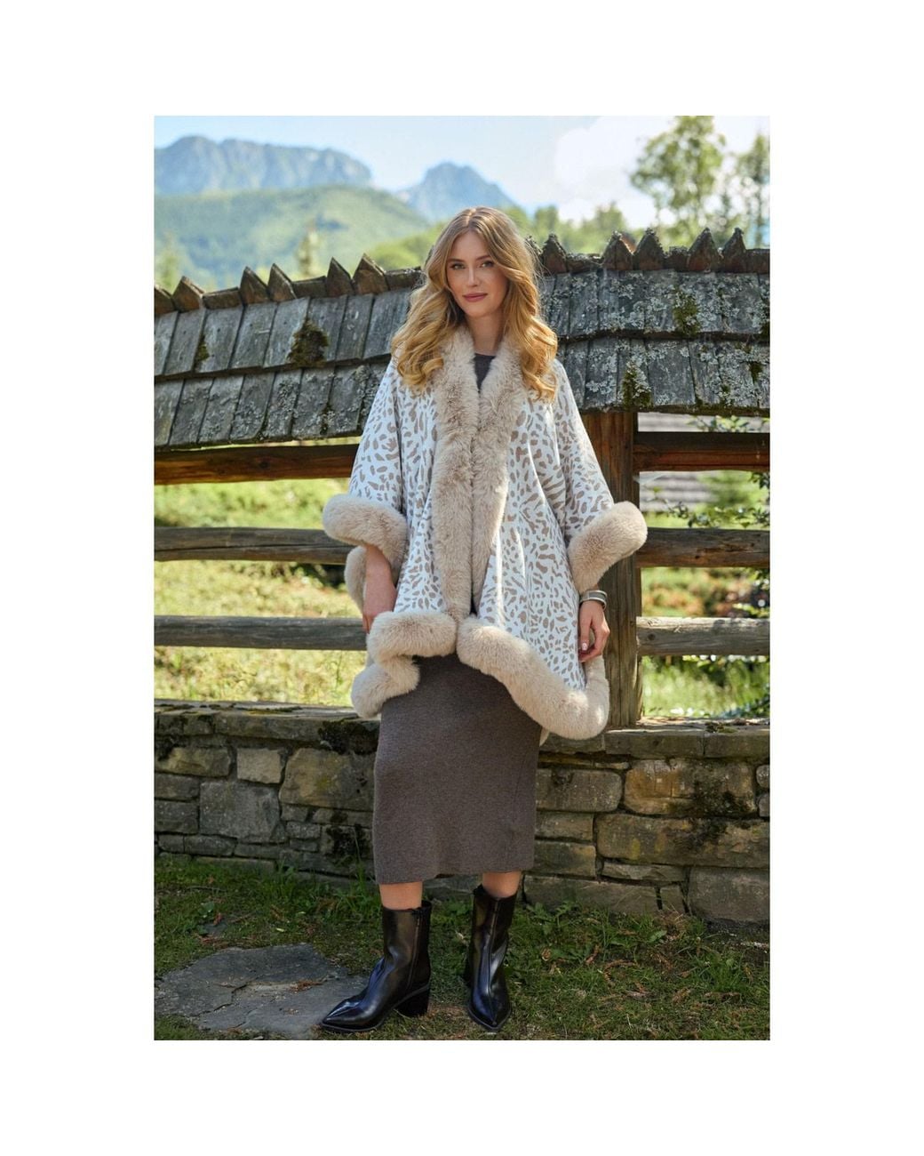 Saachi Natural Animal Print Faux Fur Cape