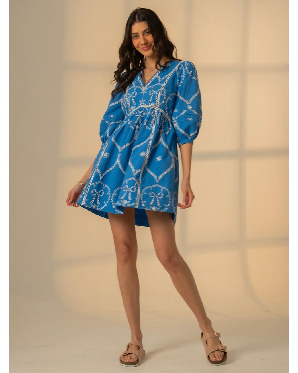 Rose & Nancy Blue Charlie Embroidered Bow Mini Dress