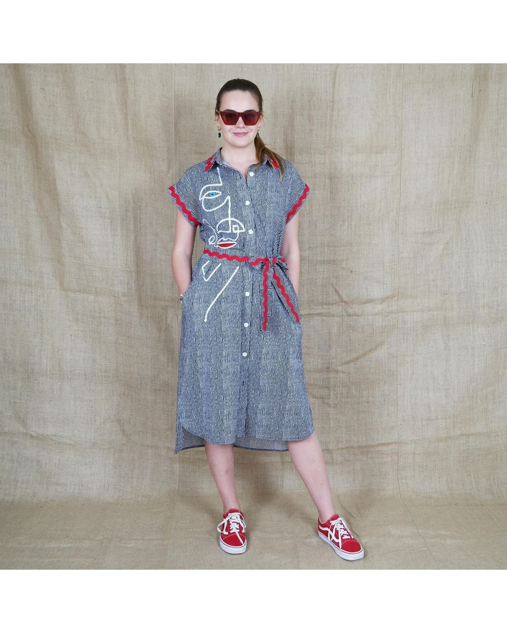Lalipop Design Blue Pinstripe Cotton Shirtdress With Face Embroidery