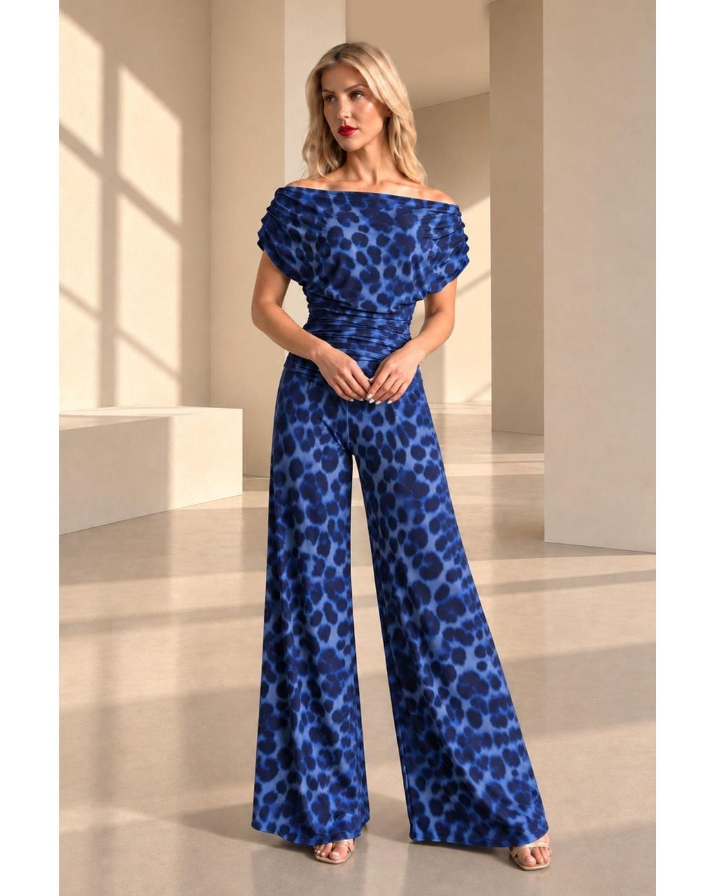 Atom Label Blue Carbon Bardot Wide Leg Jumpsuit