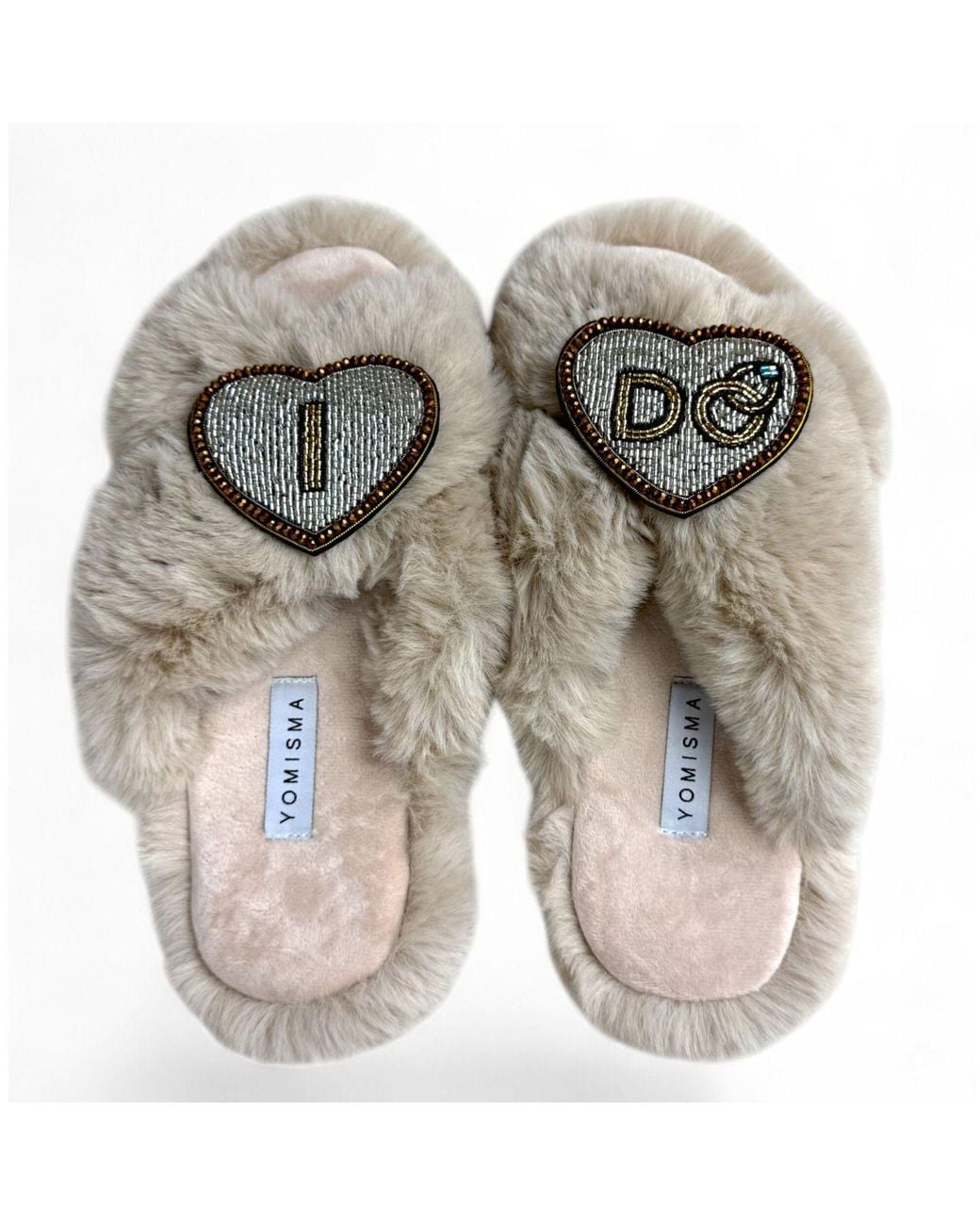 Yomisma Gray Neutrals Eco Faux Fur Slippers – Recycled Faux Fur + I Do Wedding Removable Hand Beaded Brooches