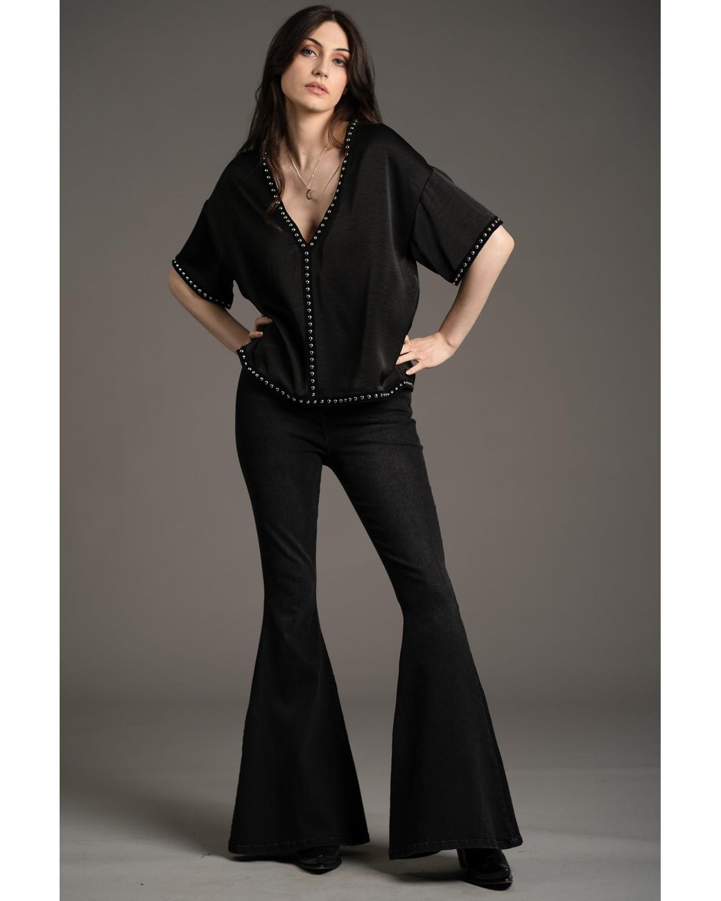 Little Lies Black Lita Studded Satin Tee