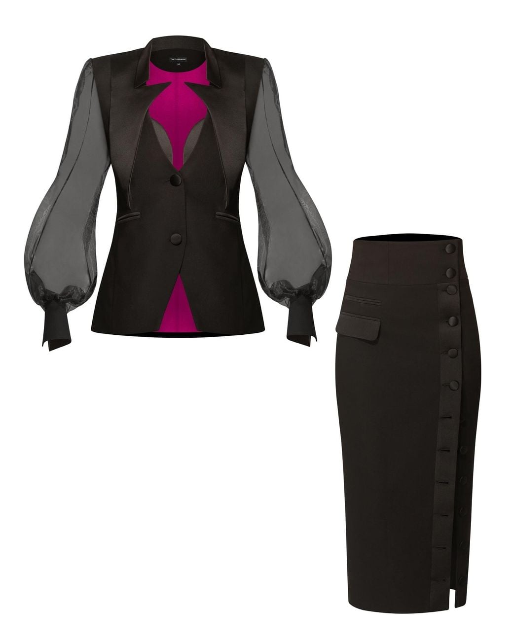 Tia Dorraine Black Femme Fatale Tailored Blazer With Organza Sleeves & Skirt Set
