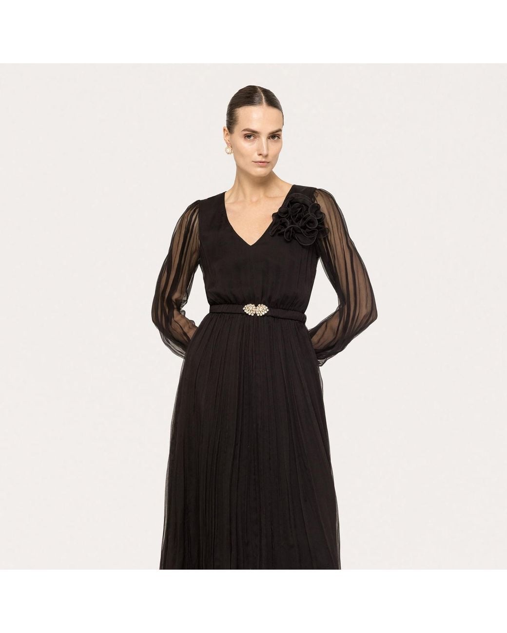 Nissa Black Floral-Applique Silk Midi Dress