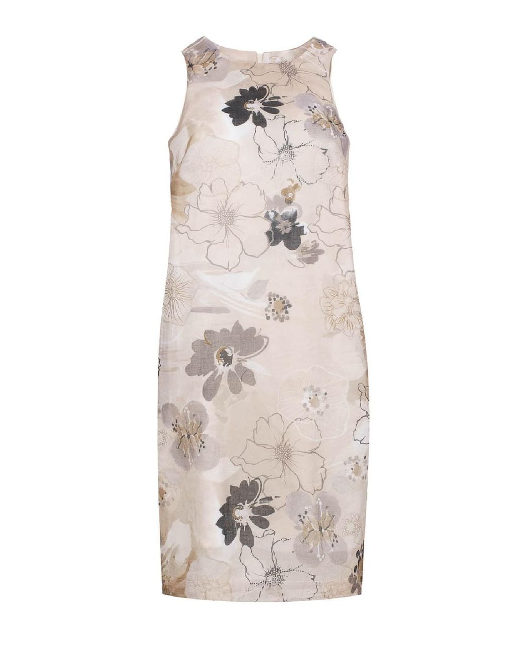 Conquista White Neutrals Floral Print Cotton Poplin Dress With Hidden Side Zipper