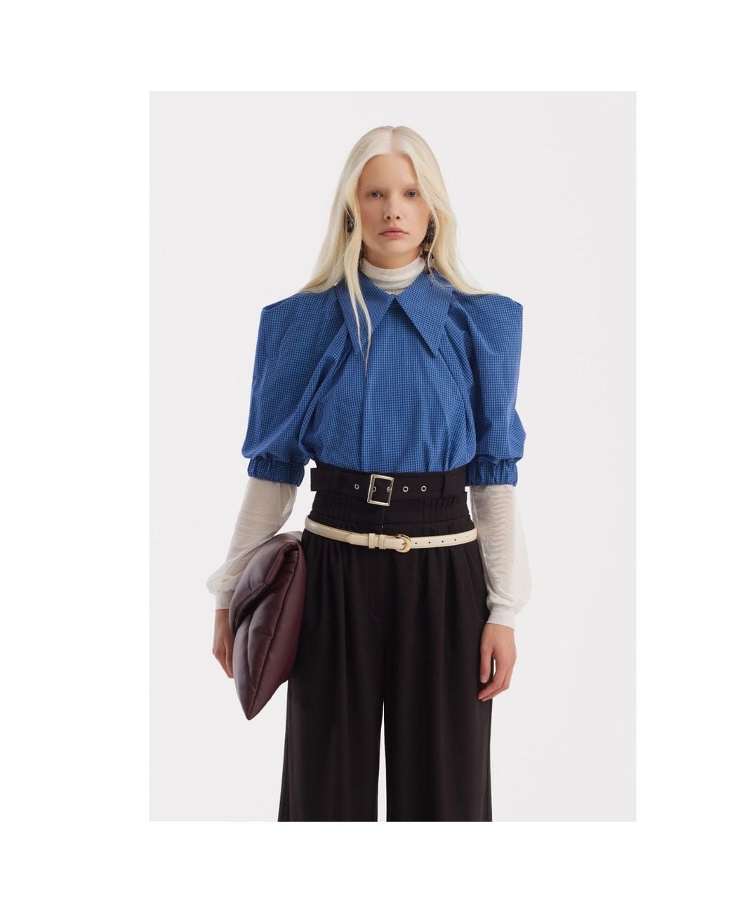 Julia Allert Blue Designer Plaid Puff Sleeve Blouse –