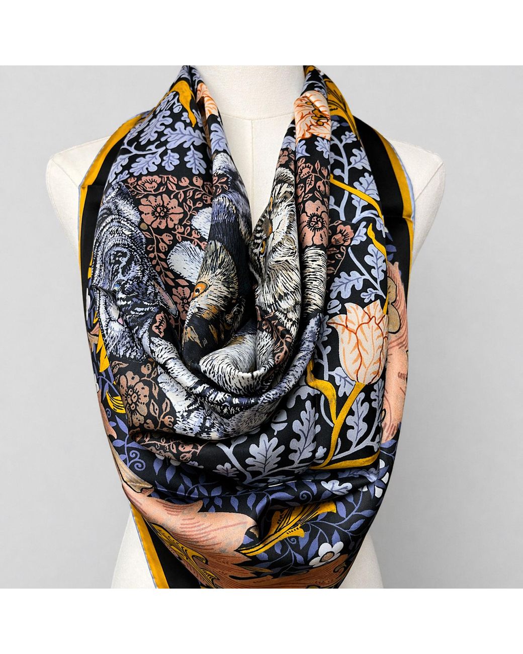 Wenzi Blue Whiskered Court Hand Painted Double Sided Silk Twill Scarf
