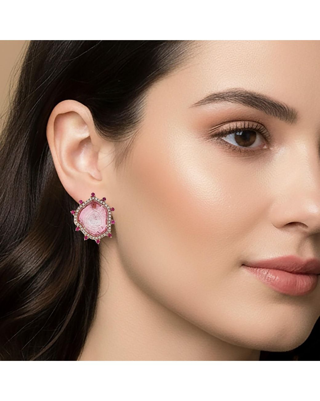 Artisan Pink 18K Melon Tourmaline, Ruby & Diamond Stud Earrings