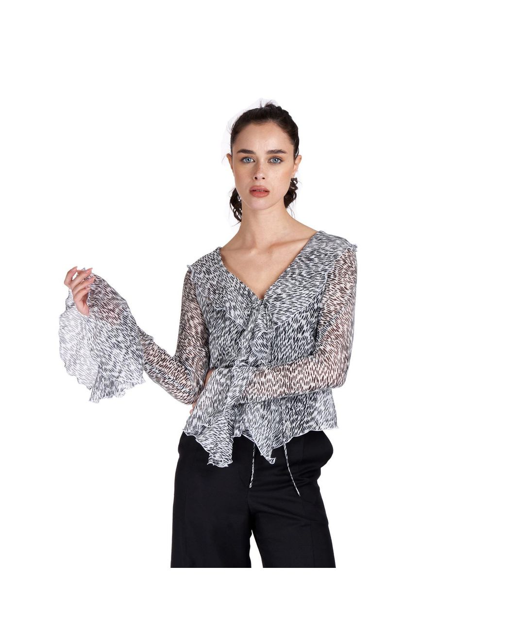 Sofia Tsereteli Gray Semi Transparent Silk Blouse With Print