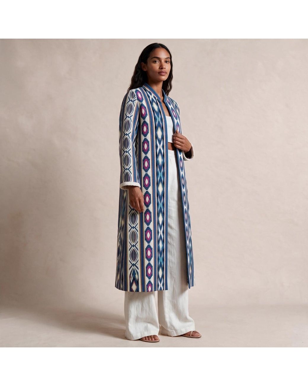 Kipépéo Blue Sorayya Jajim Fringe-Cuff Long Coat