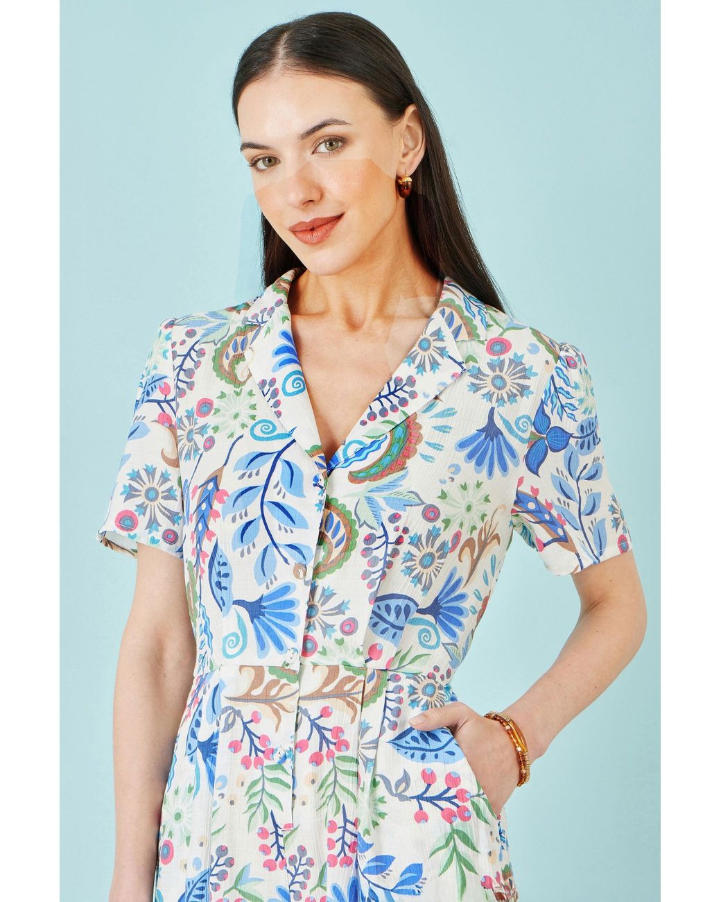 Yumi' Blue Multicolour Paisley Retro Print Playsuit