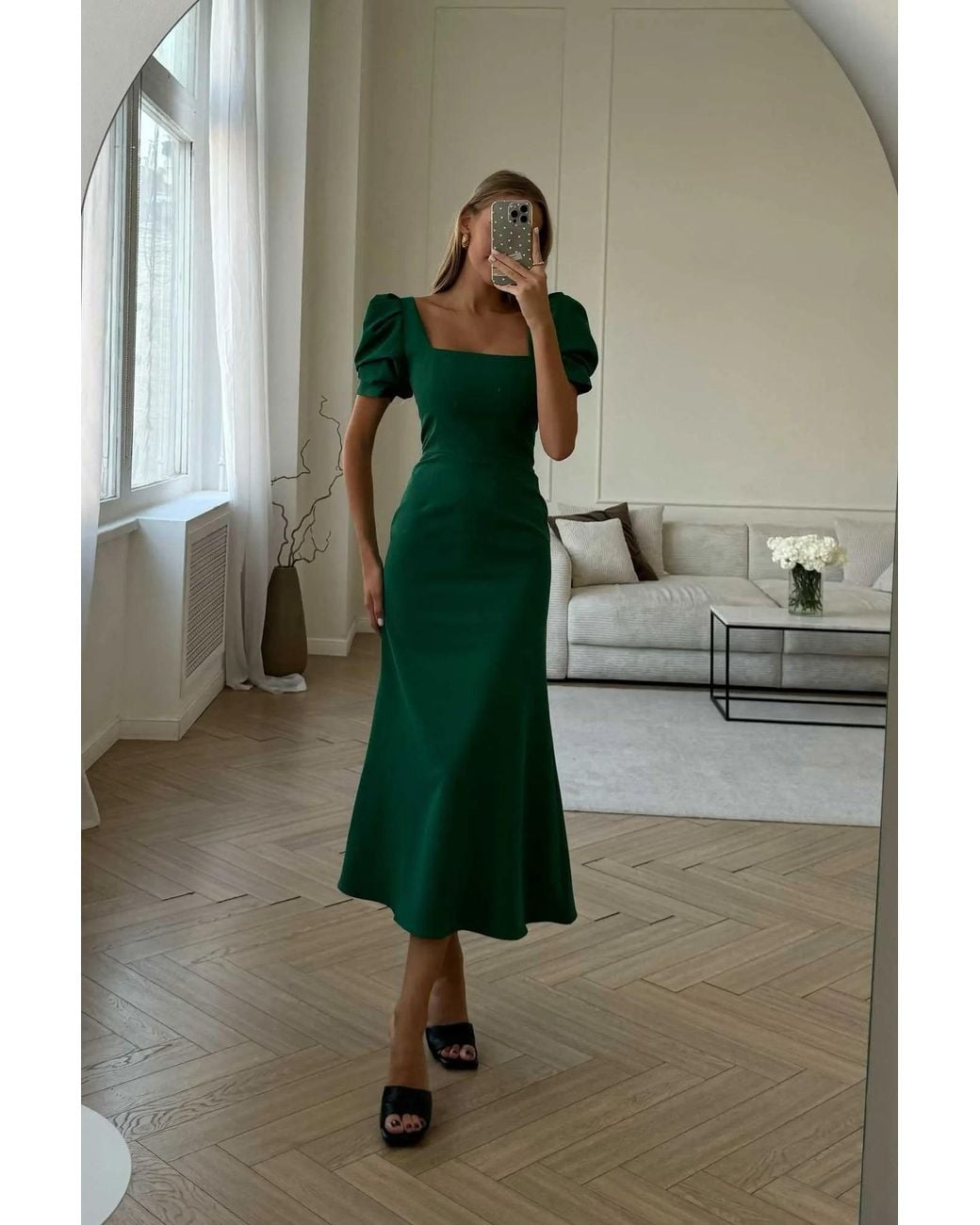 POST MERIDIEM Green Emerald Godet Silhouette Square Neck Midi Dress
