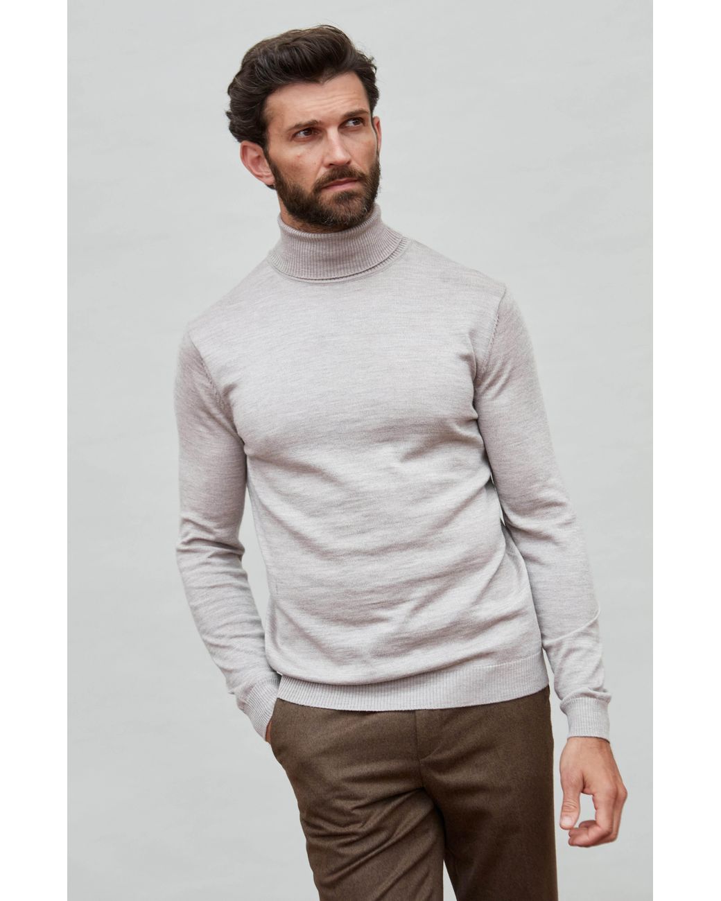 Paul James Knitwear Gray Neutrals Extra Fine Merino Wool Westonn Roll Neck Jumper for men
