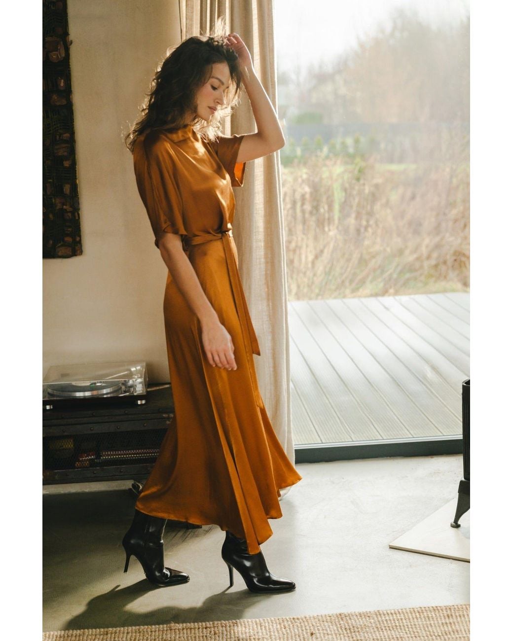 Traffic People Brown Smooth Operator Rust Short Sleeve Tie Waist Edith Maxi Dress