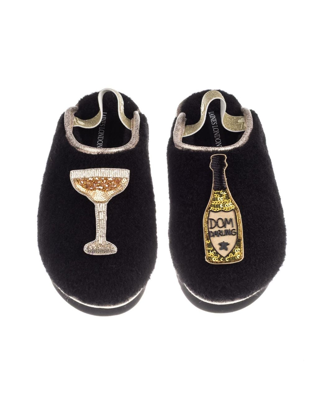 Laines London Black Flatform Cloud Closed Toe Slippers With Dom Darling Champagne Brooches
