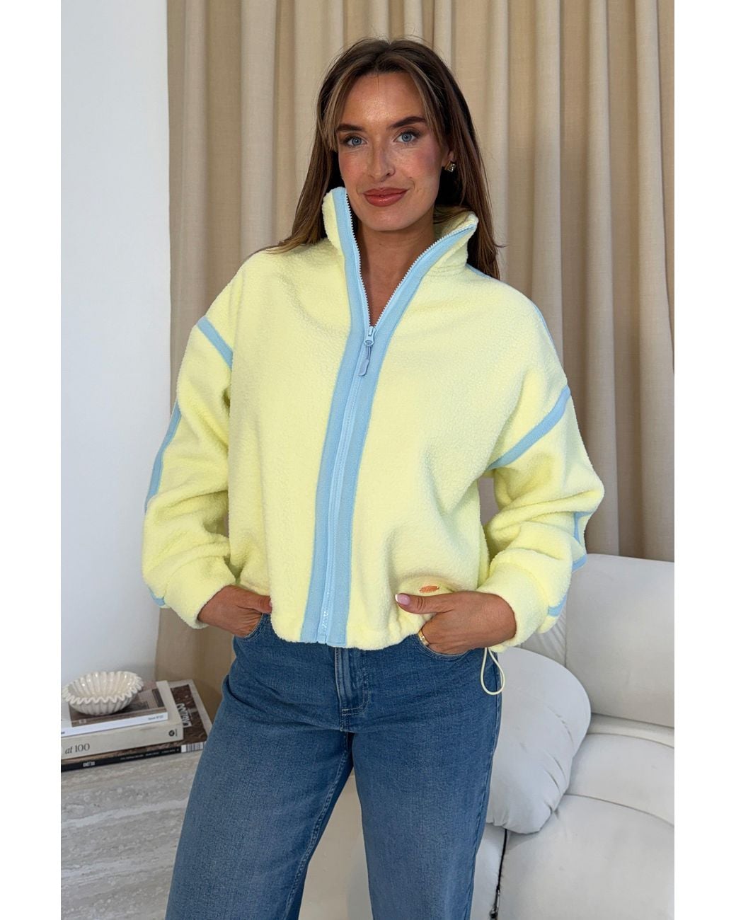 Girl In Mind Yellow Lulu Contrast Binding Full Zip Fleece Lime
