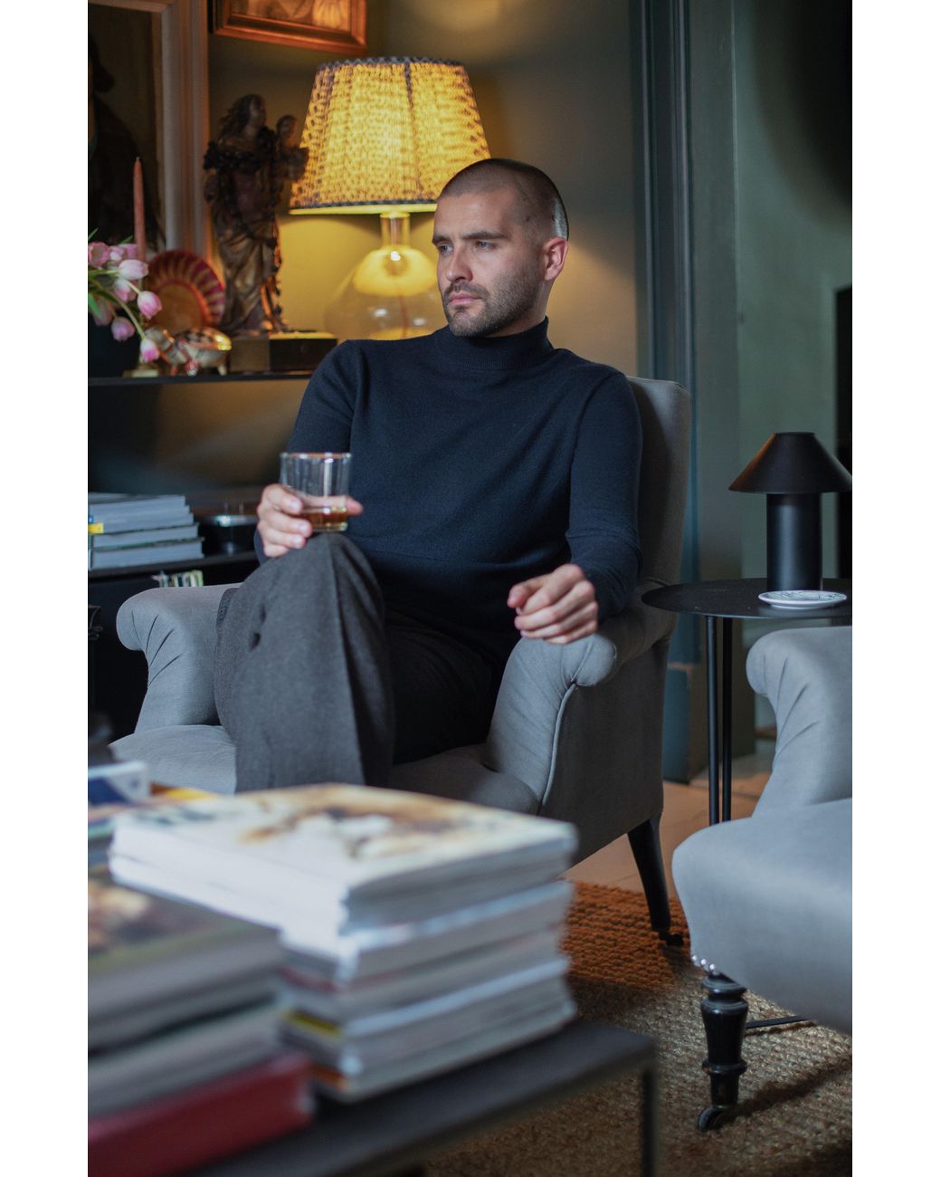 Paul James Knitwear Blue Lightweight Merino Cashmere Tristan Mock Turtle Neck Jumper for men