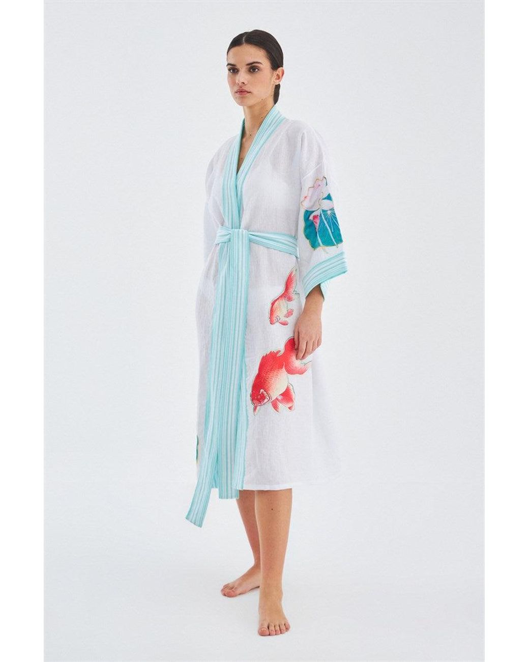 Peraluna Blue Lotus Flower And Fish Applique Linen Kimono