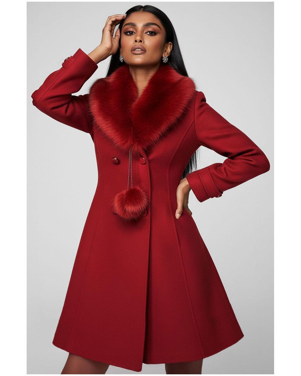 Luna Fashion House Red Wool Coat With Fur Collar, Lucy