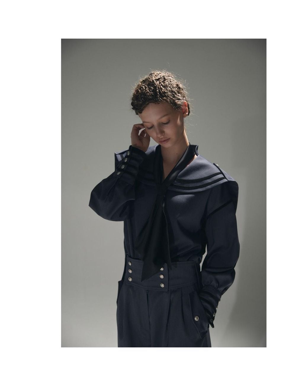 Julia Allert Blue Contrast Piping Sailor Collar Tie Front Blouse –