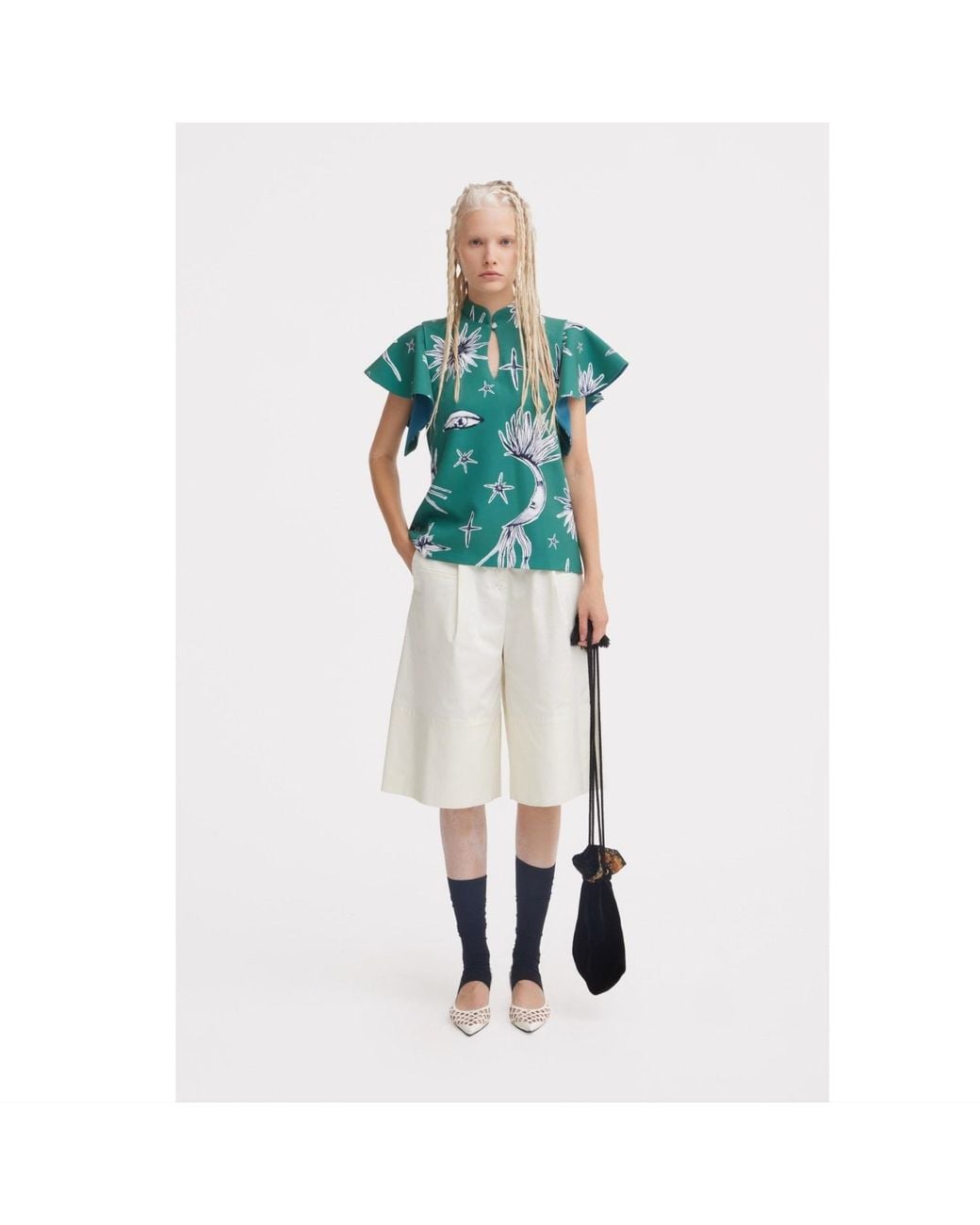 Julia Allert Green Stand Collar Ruffle Sleeve Blouse – Celestial Print