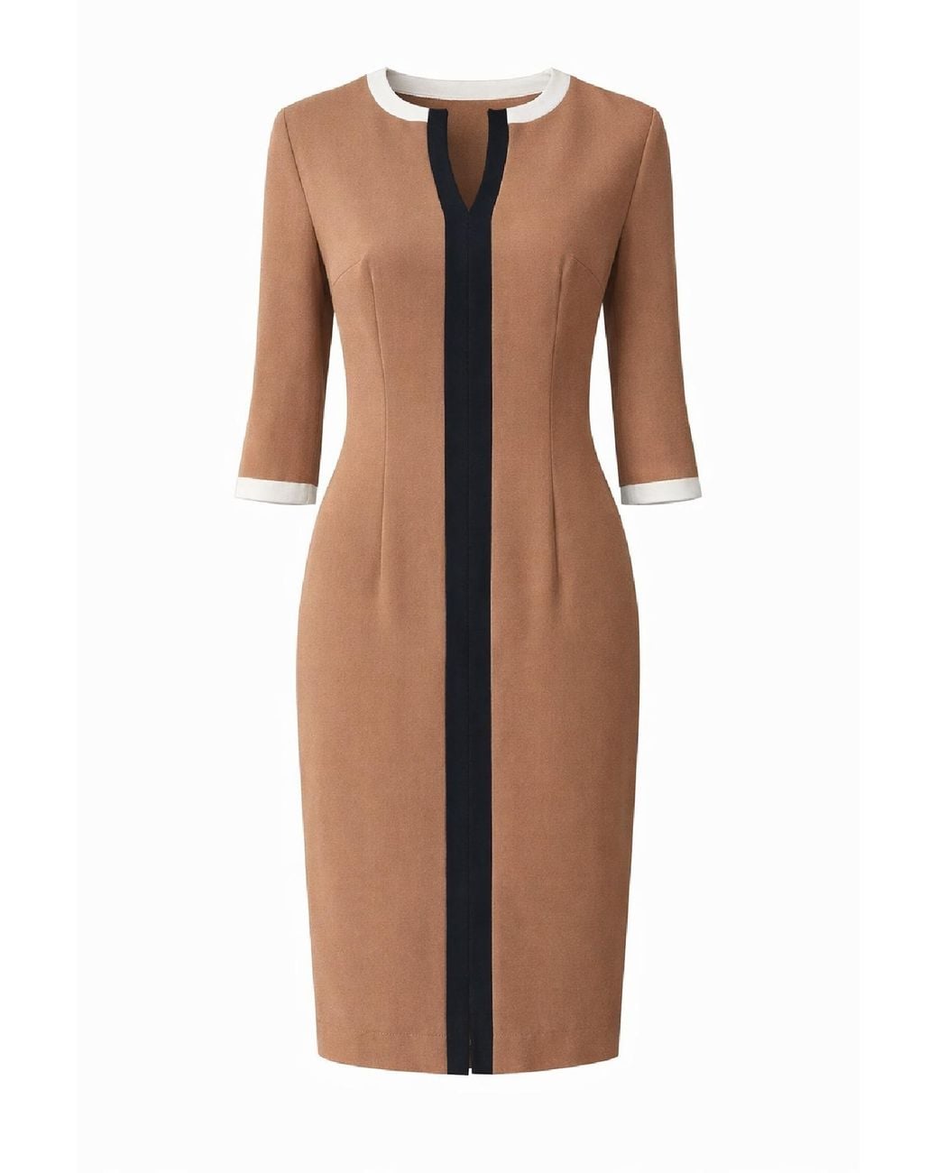 Conquista Brown Elegant Contrast-Trim Midi Dress