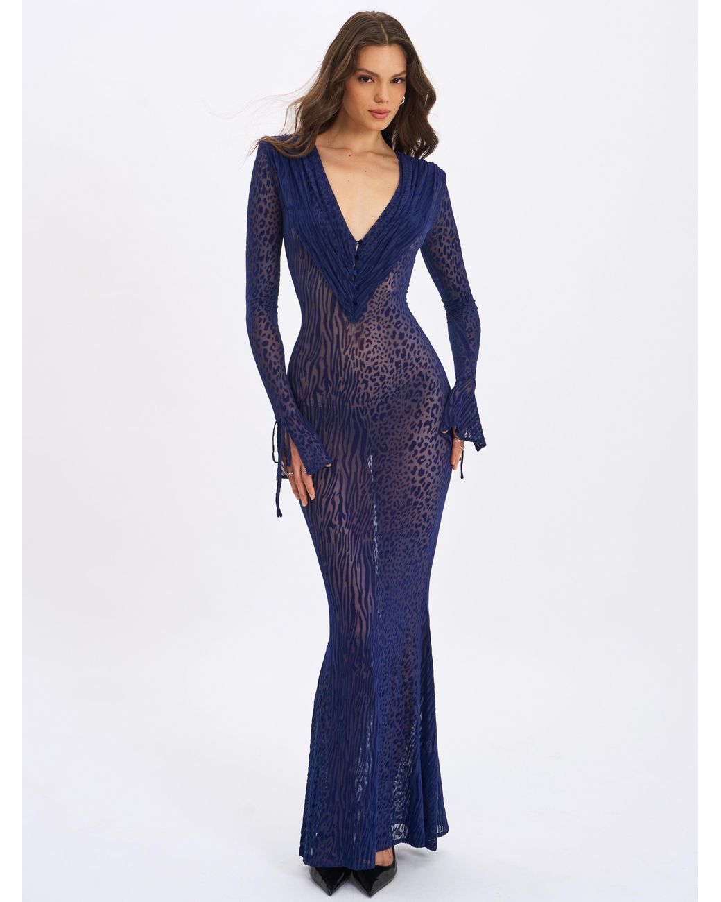 Miss Circle New York Blue Ilyse V-Neck Plunge Animal Print Mermaid Hem Maxi Dress