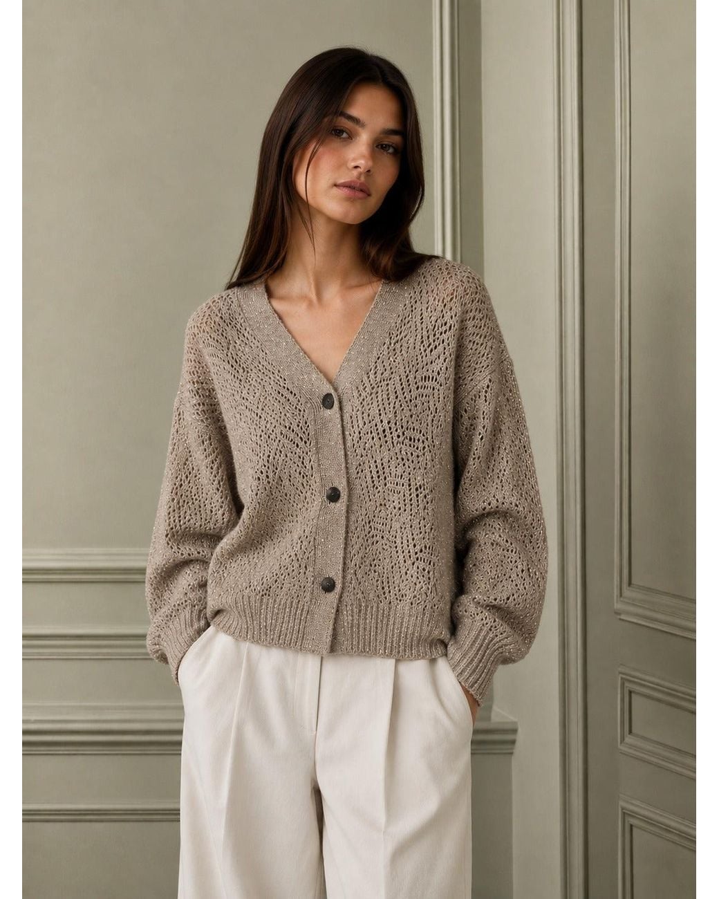 Smart and Joy Brown Openwork Wool And Mohair Cardigan With A V-Neck And Long Sleeves