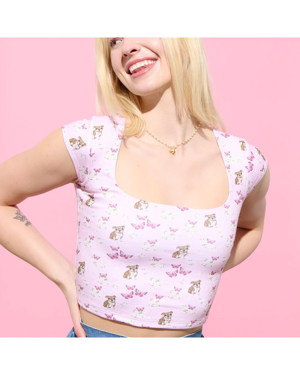 Cloud Haven Pink Ditsy Bulldog Square Neck Tee