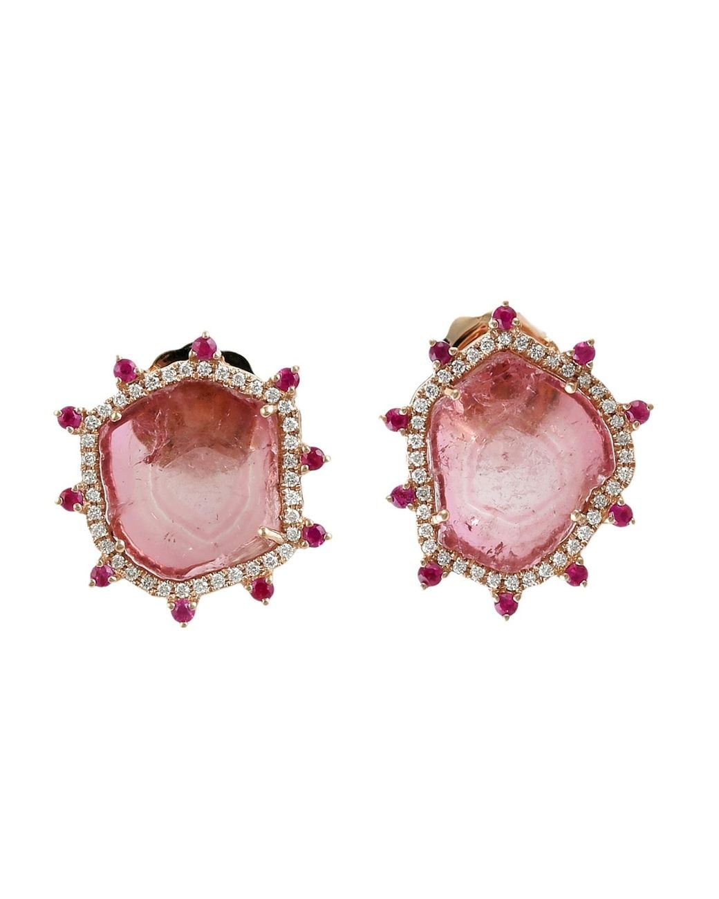 Artisan Pink 18K Melon Tourmaline, Ruby & Diamond Stud Earrings