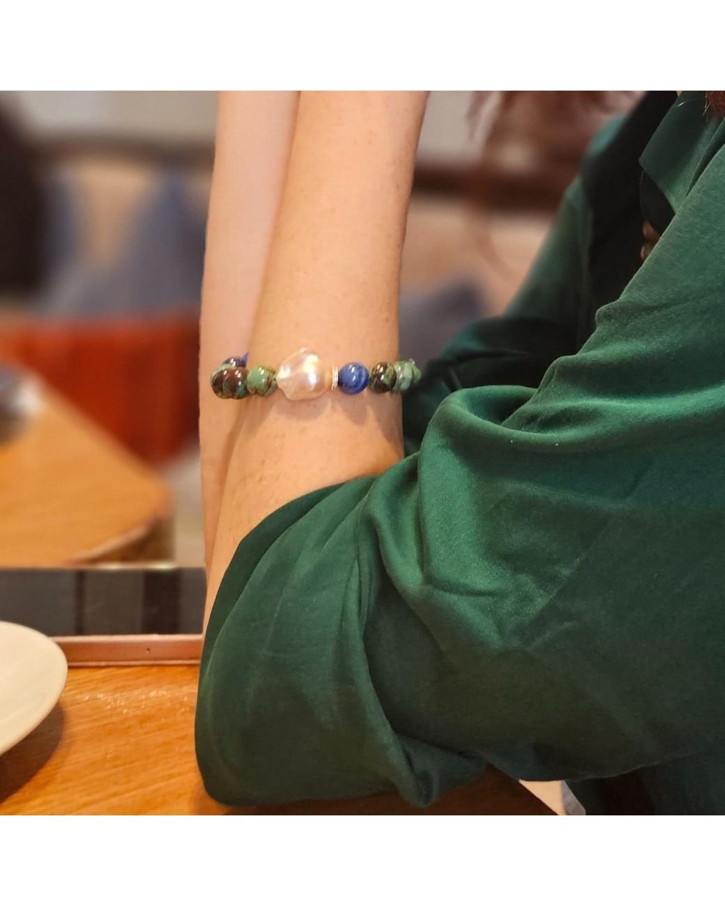 Farra Blue Phoenix Malachite With Baroque Pearls Bracelet
