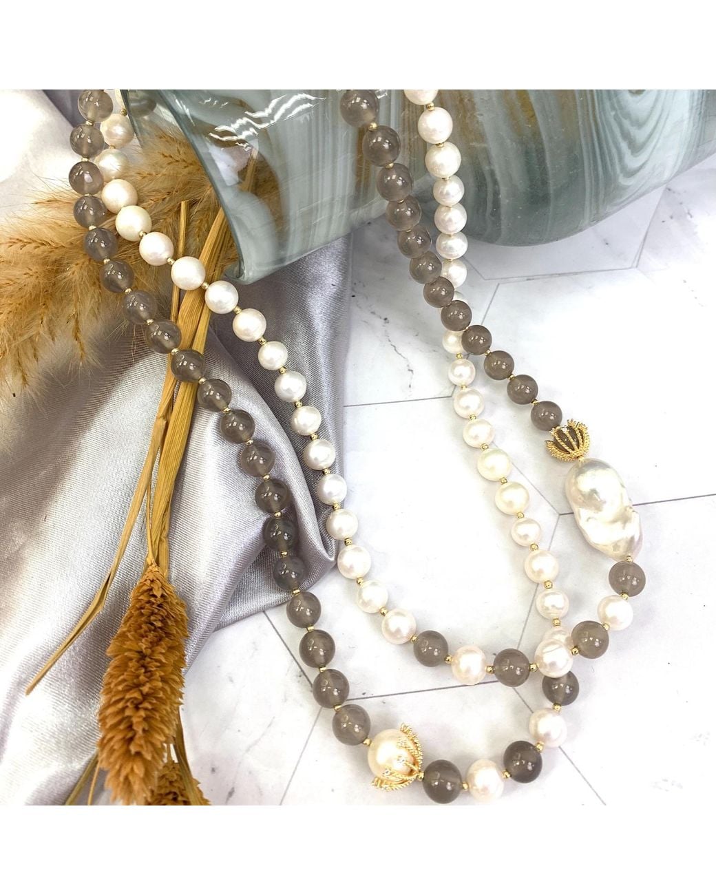 Farra Metallic Freshwater Pearls And Agate With Baroque Pearls Long Necklace