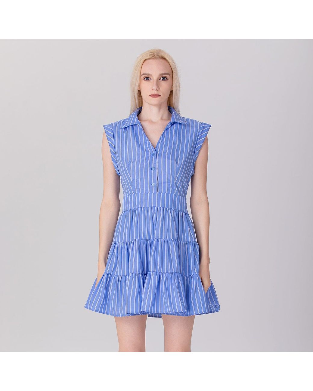 Smart and Joy Blue Striped Tiered Panels Mini Shirt Dress