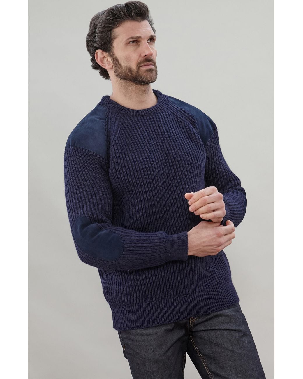 Paul James Knitwear Blue Chunky British Wool Hardy Ribbed Shooting Jumper for men