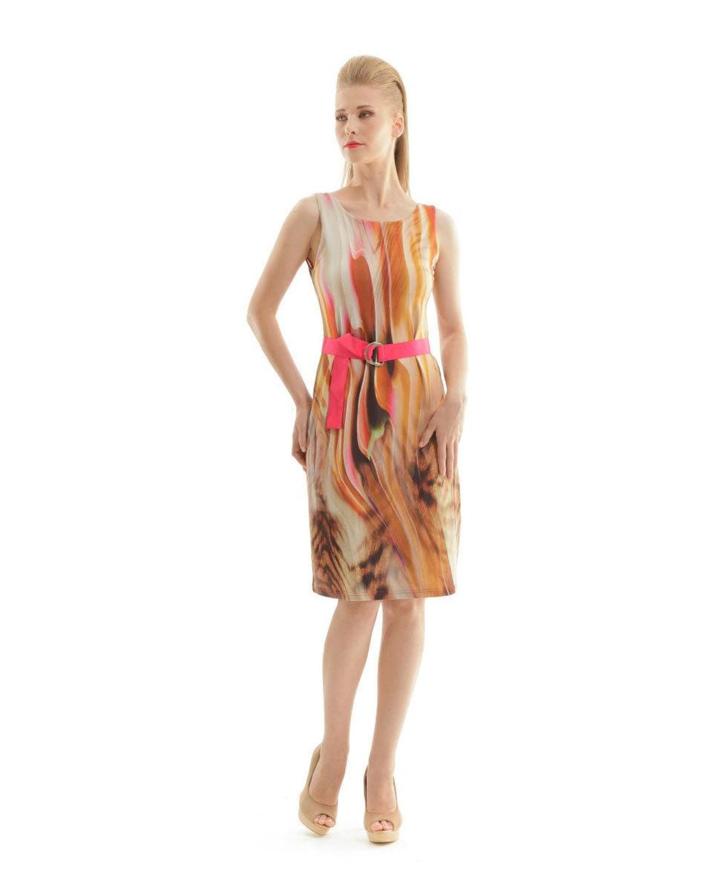 Conquista Orange Print Wrap Dress With Self Tie Waist