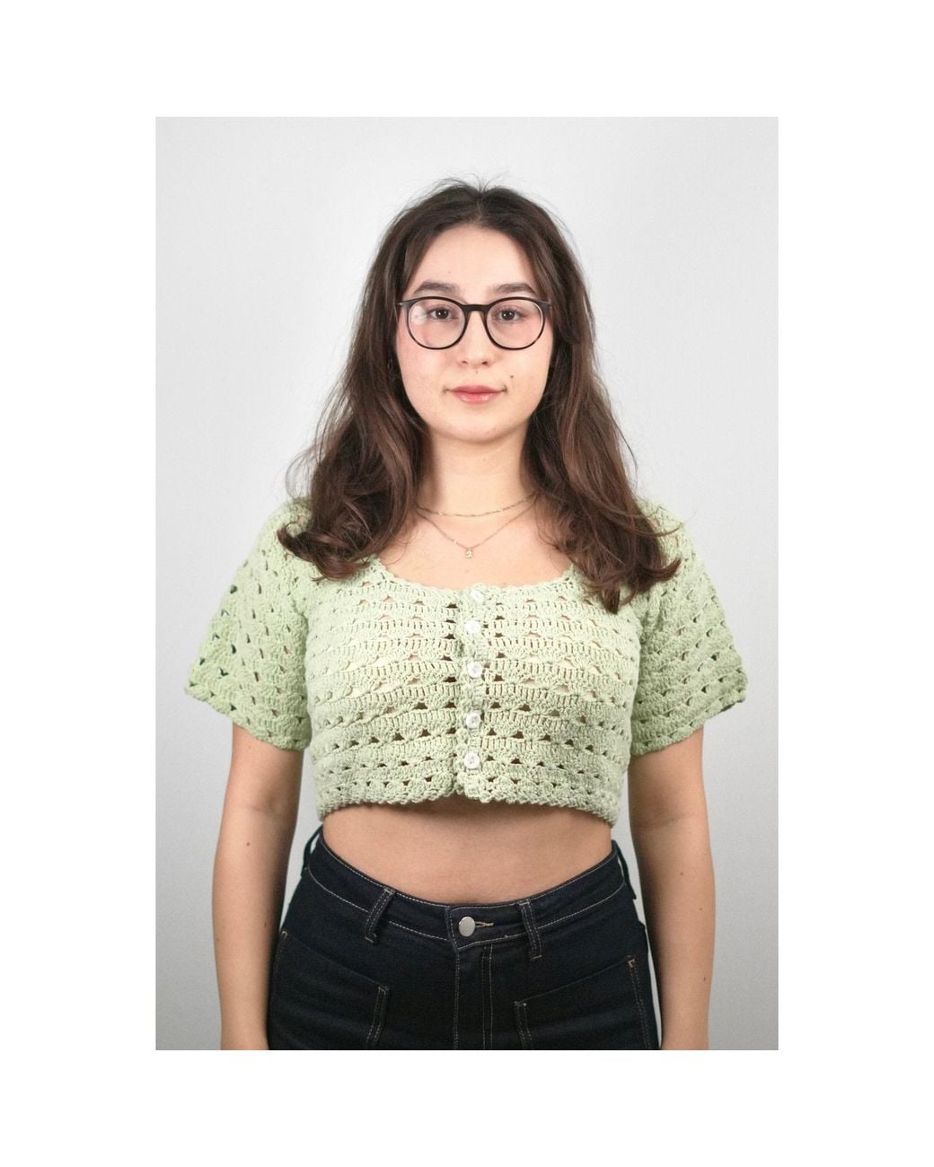 Ana Chic Green Sage Openwork Handmade Crochet Top