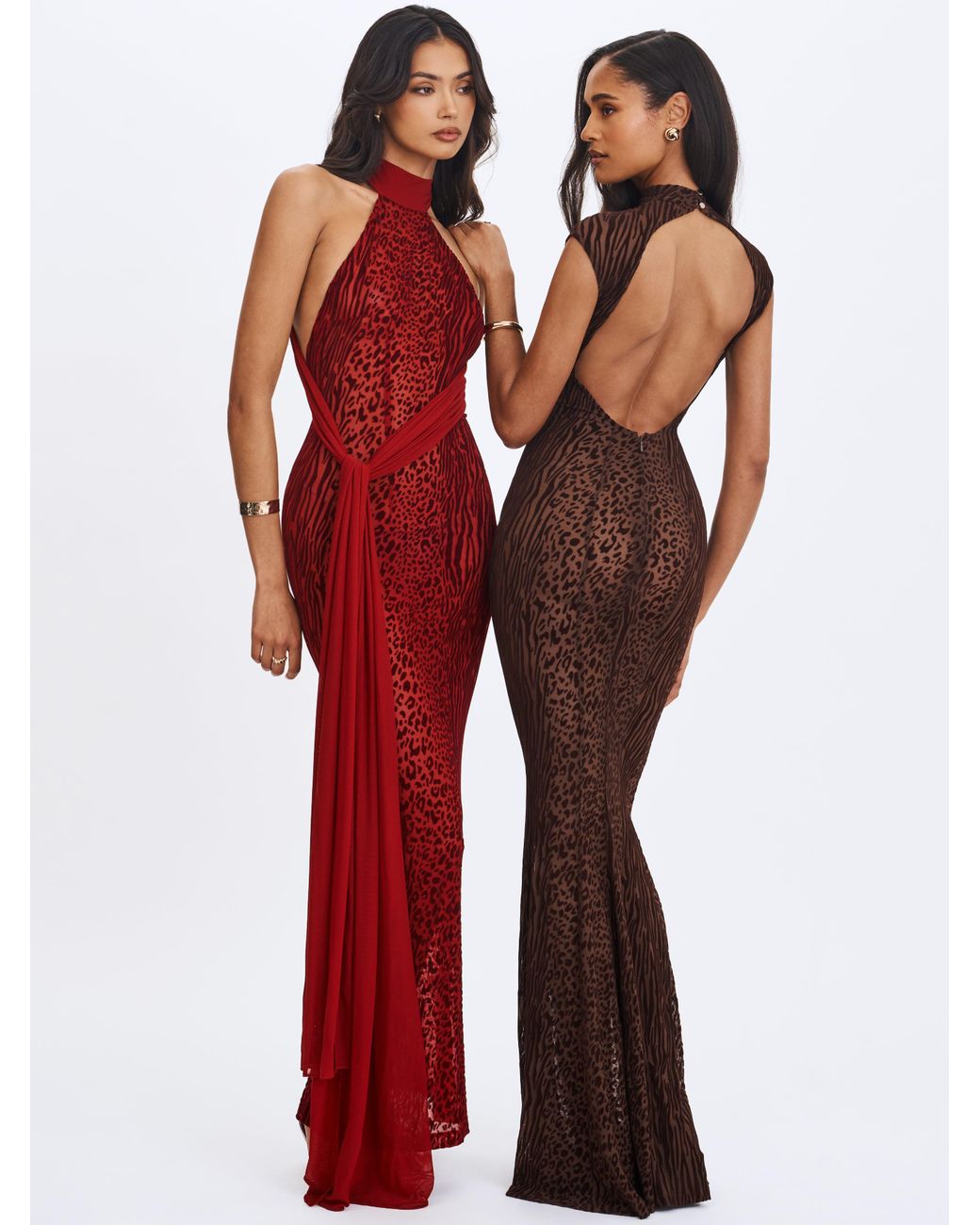 Miss Circle New York Red Cerise Scarlet Burnout Velvet Multiwear Mesh Ribbon Maxi Dress