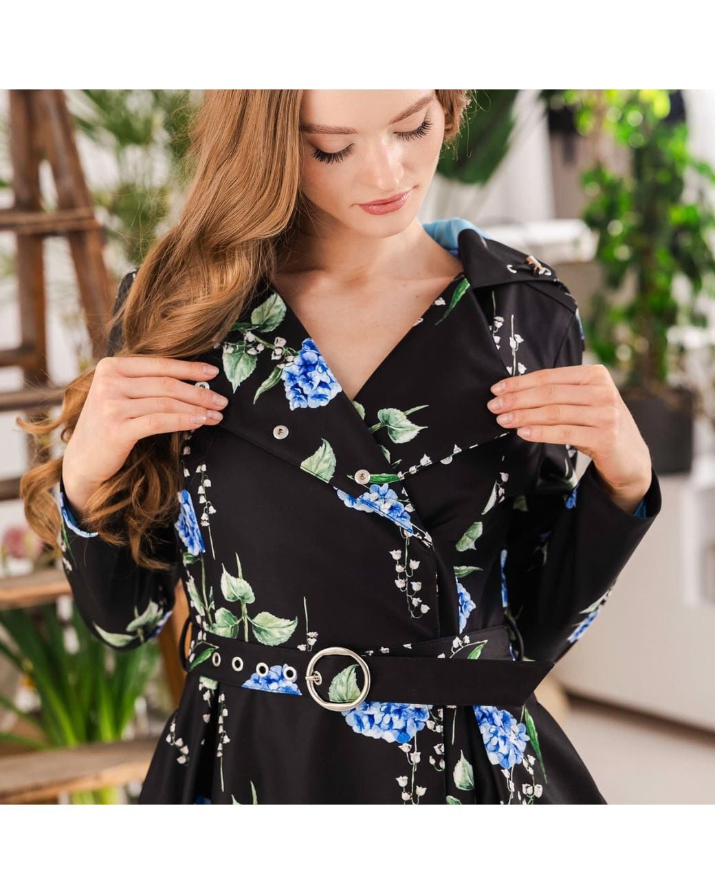 RainSisters Black Floral Trench Coat: Flower Moon