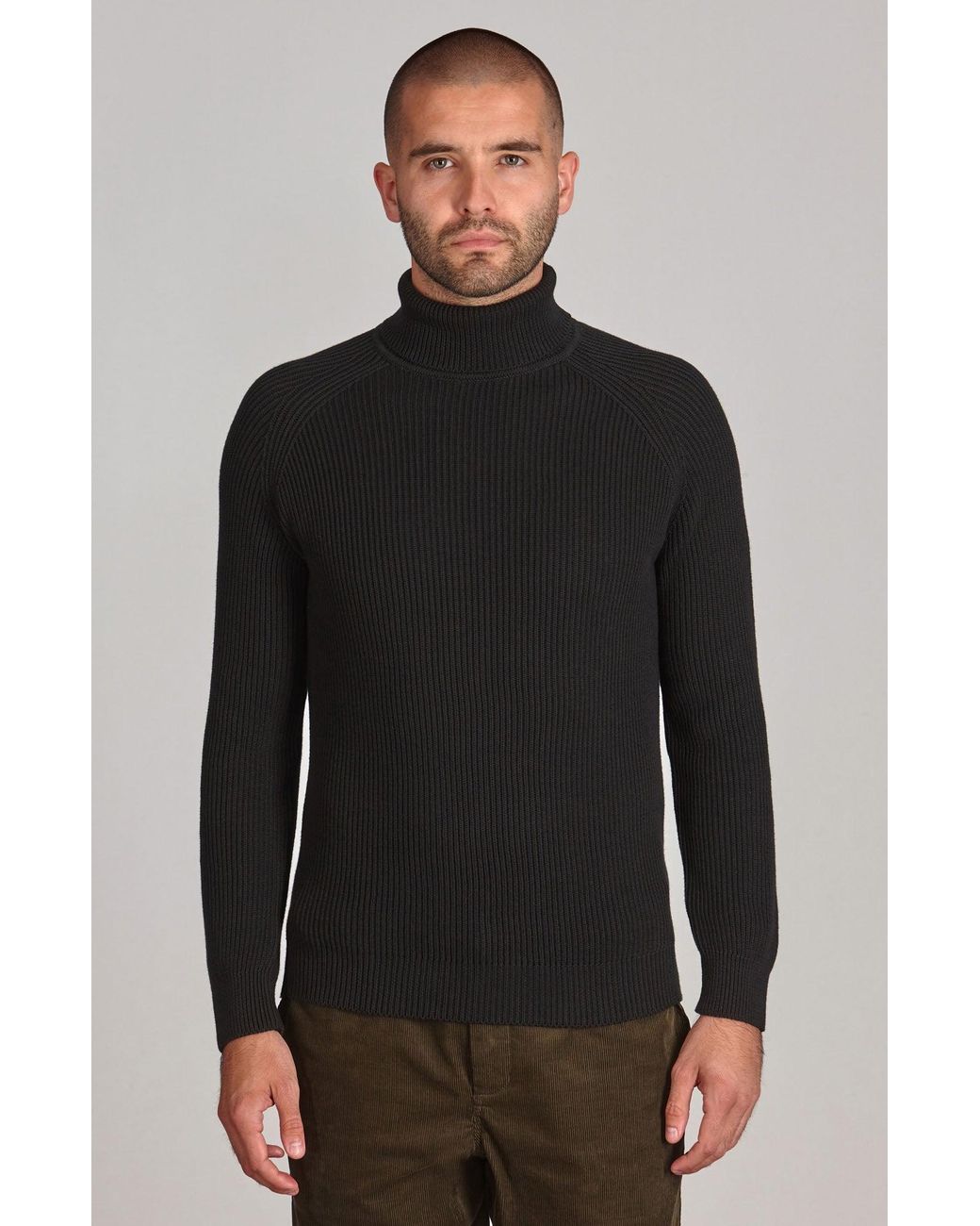 Paul James Knitwear Blue Midweight Cotton Bernard Ribbed Roll Neck Jumper for men