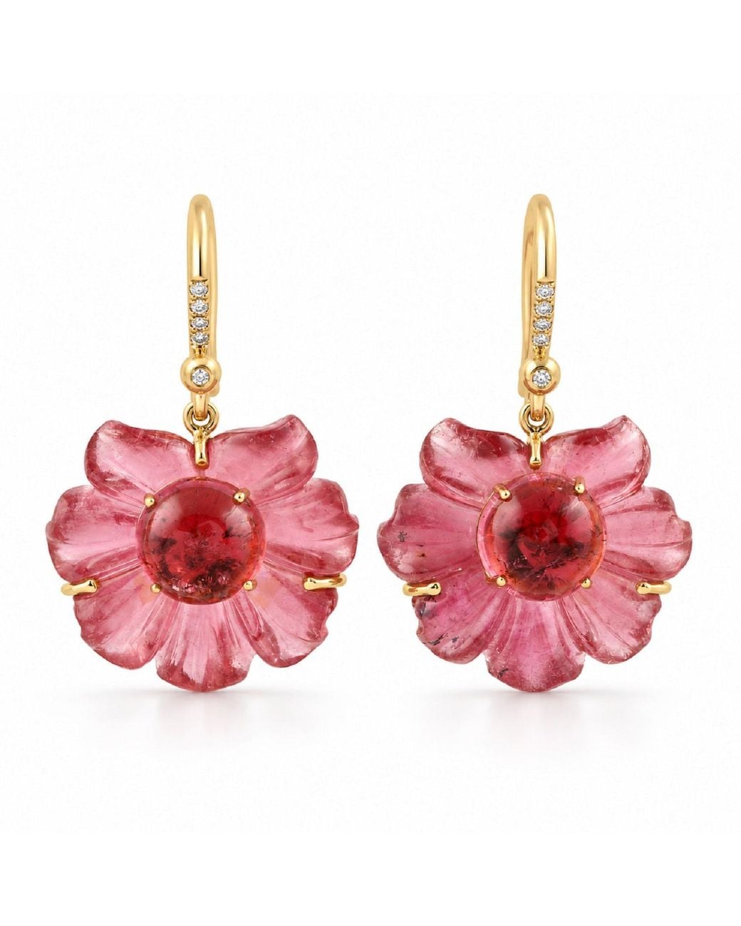 Artisan Red 18K Carved Tourmaline & Diamond Floral Earrings