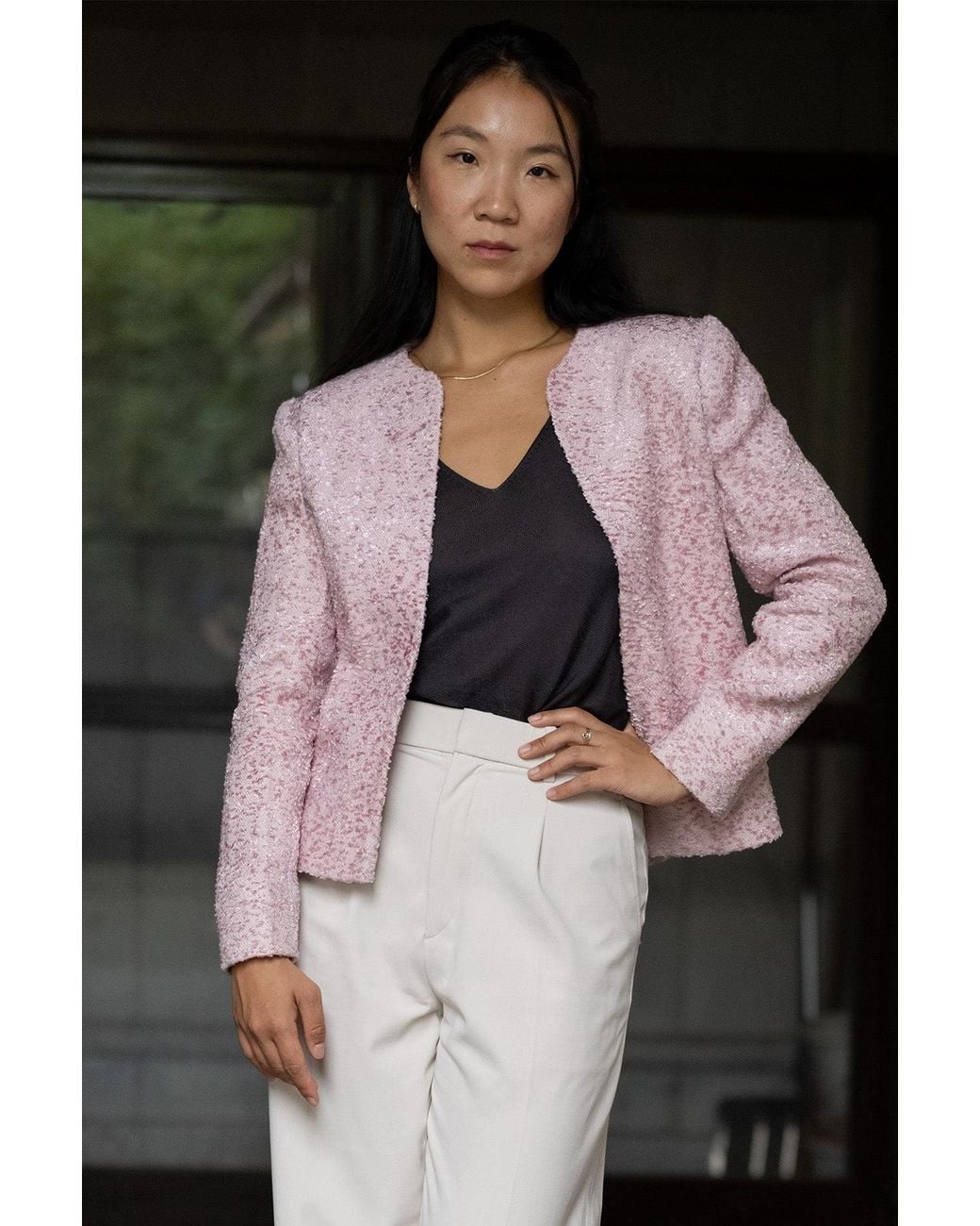 Stovaria Purple Pastel Handwoven Moss Texture Wool-Linen Jacket