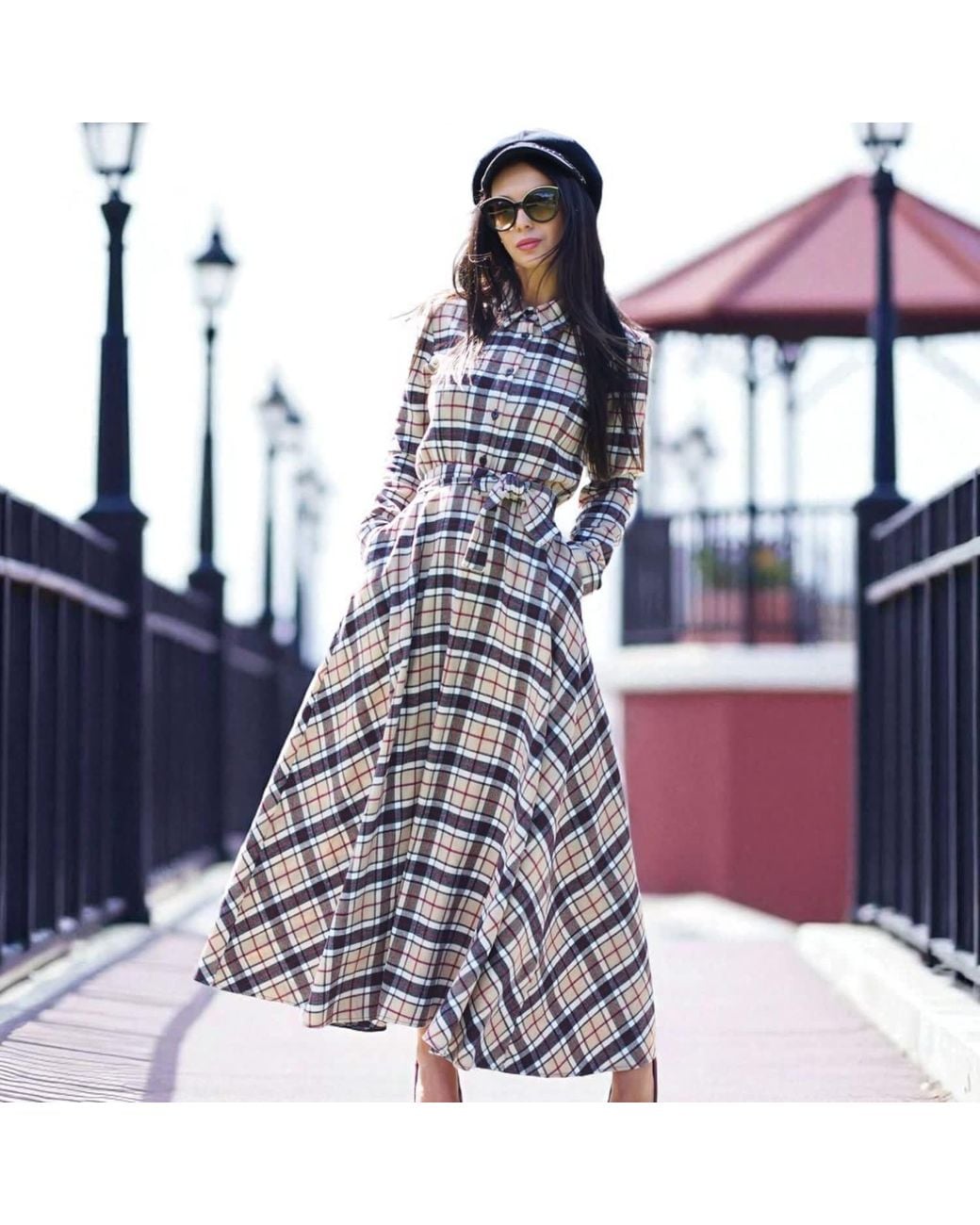 Adrenaline Fashion Neutrals Elegant Long Plaid Dress – Designer Dress in  Black