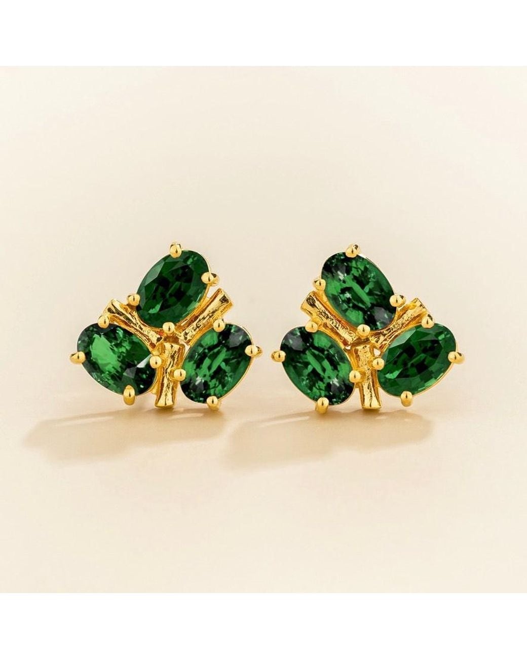 Juvetti Green Ligna Oval Emerald Cluster Stud Earrings
