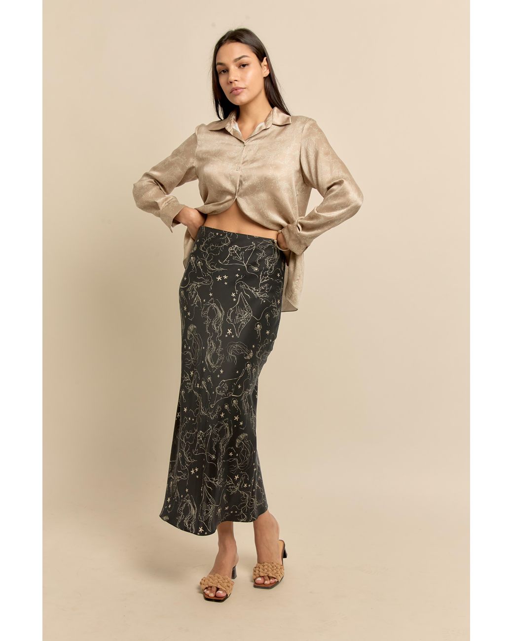Lily Rou Black Ray Silk Midi Slip Skirt
