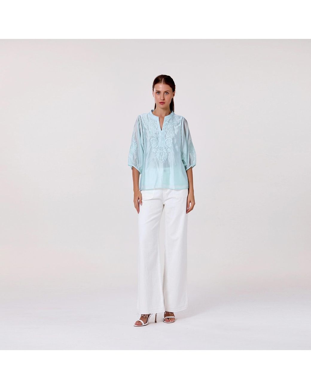 Smart and Joy Orange Embroidered Tencel-Blend Blouse