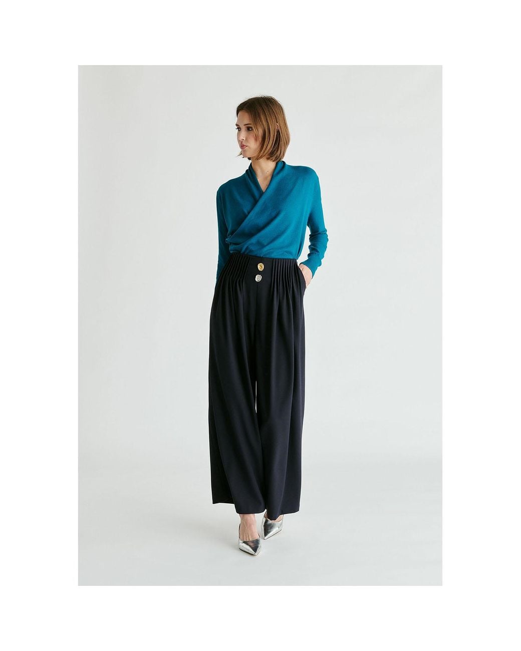 Paisie Blue Long Sleeve Knitted Wrap Top