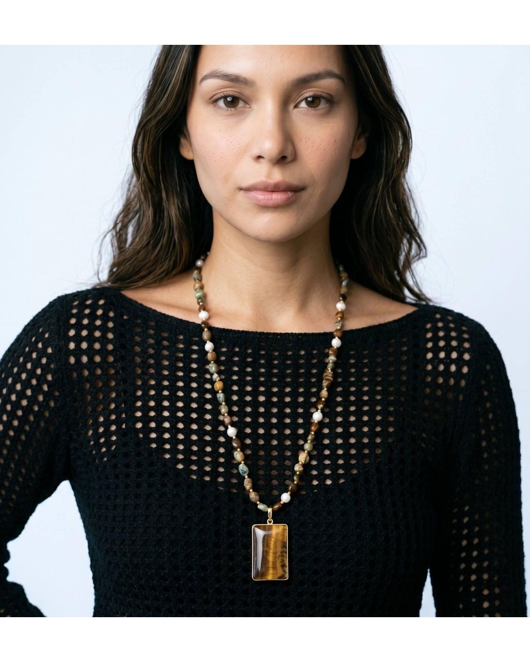 Uchi and Soto White Nekomeishi Tigers Eye & Semi-Precious Stones Necklace