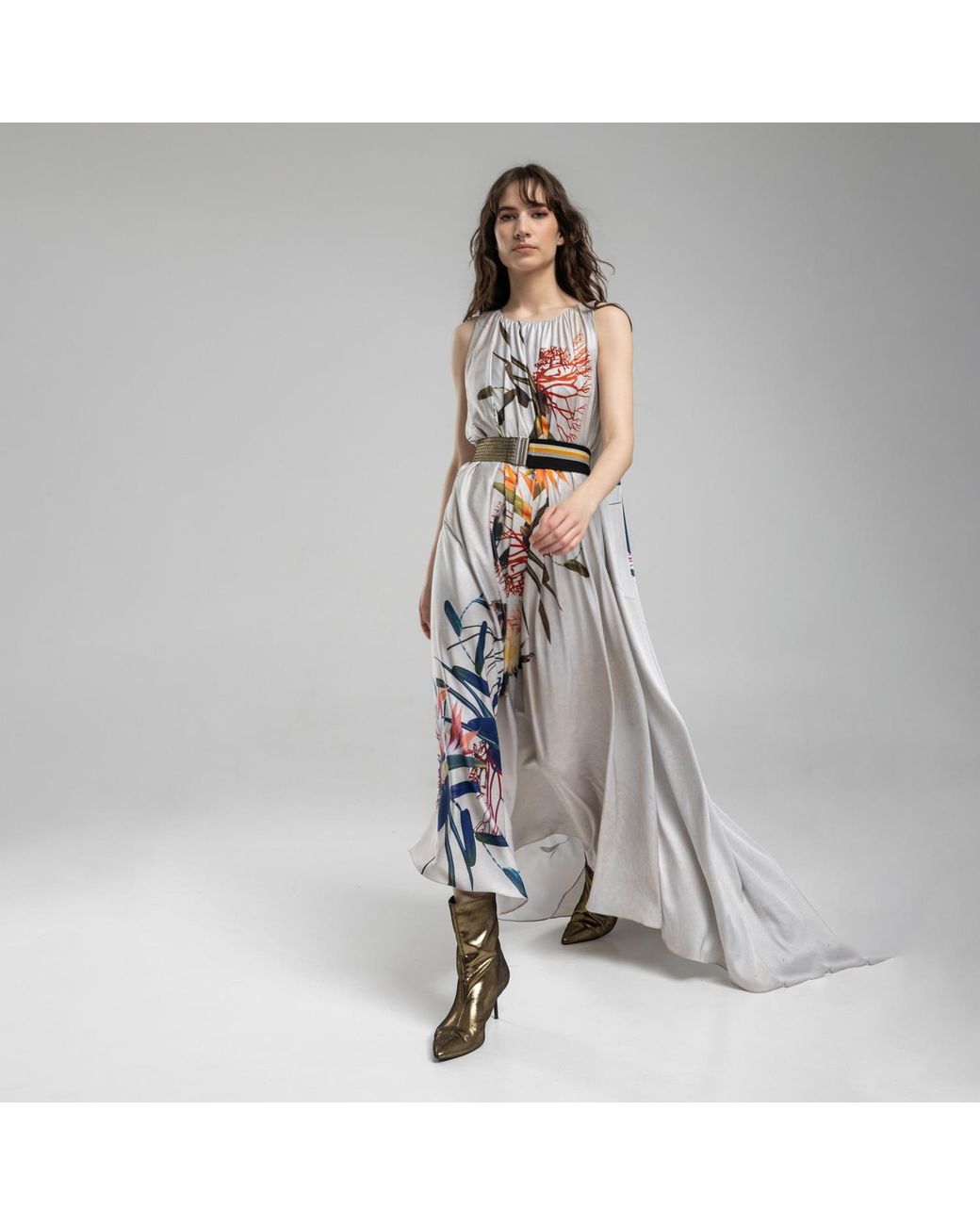 ARTISTA White Polyester Floral Print Maxi Dress